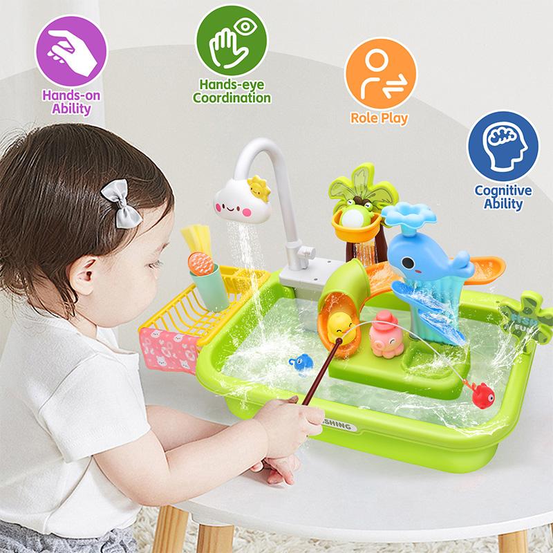 Crelloci Play Sink with Running Water, Kitchen Sink Toys with Upgraded Electric Faucet, Play Food Toys, Magnetic Fishing Set play  food