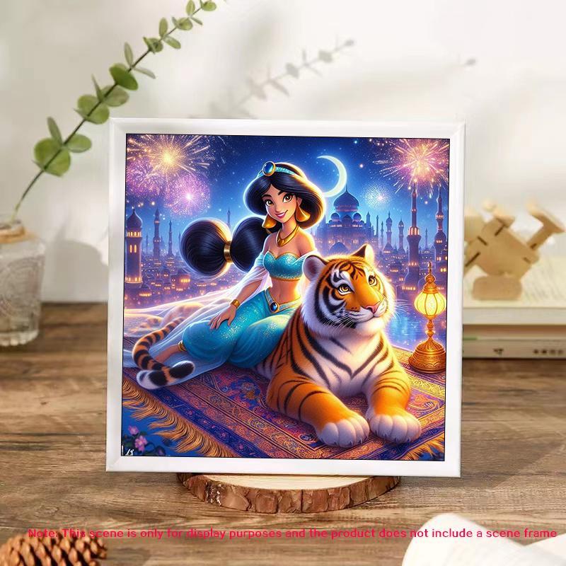 Princess Jasmine & Tiger Pattern DIY Diamond Arts Colorful Painting Kit without Frame, DIY 5D Diamond Arts Colorful Painting for Bedroom Home Wall Decor