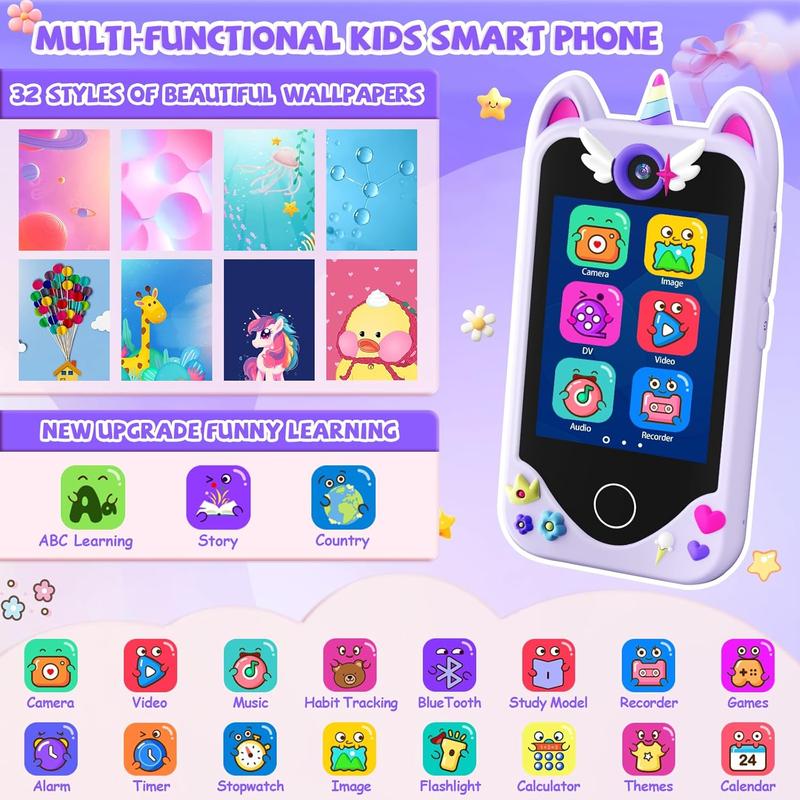 Christmas Gift Kids Smart Phone for Girls Gifts - Toddler Christmas Birthday Gift for Age 3 4 5 6 Year Old, Kids Cell Phone Toy with Touchscreen, Dual Cameras, Learning, Music Player, Games with 32 GB Card