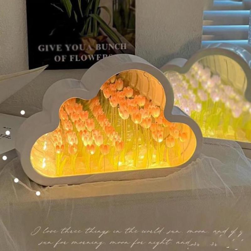 Tulip Mirror Lamp Infinity Flower Effect - Cloud-Shaped Flower Mirror & Tulip Night Light - Fully Assembled Decorative Illuminated Garden for Bedroom, Living Room & Home Decor