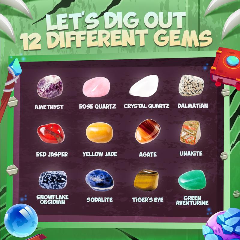 Gemstone Dig Kit - Easter Egg Dig up 12 Real Gems - Gemstones and Crystals Excavation Kit - STEM Toys Science Educational Party Gifts for Boys & Girls age 4+