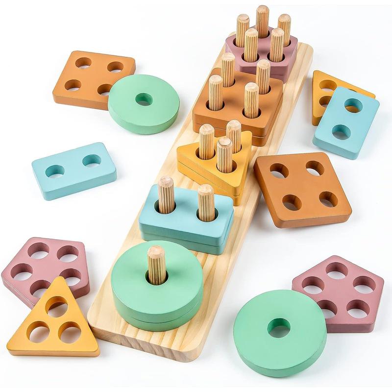 Montessori Toy Boy Girl, Wooden Blocks & Stacking Toys , Color Recognition Shape Sorter Educational Wooden Toys Preschool Learning Puzzle Gift