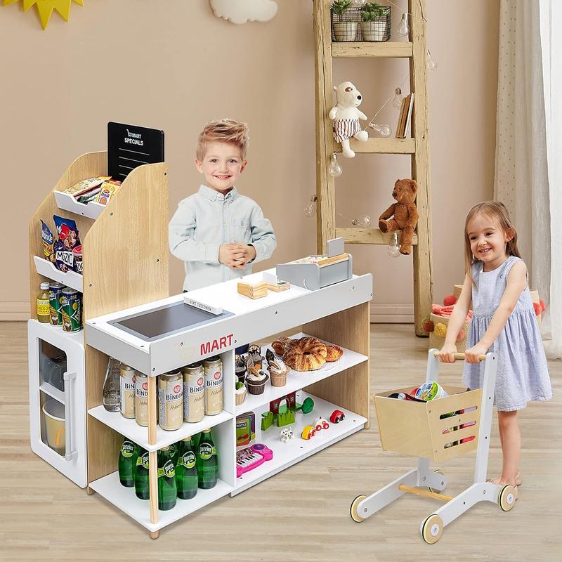 [ShopTab] Festival Joy Kids Grocery Store Playset, Wooden Supermarket Playset w Cash Register & Vending Machine Toy, Checkout Counter Stand, Grocery Store Pretend Play