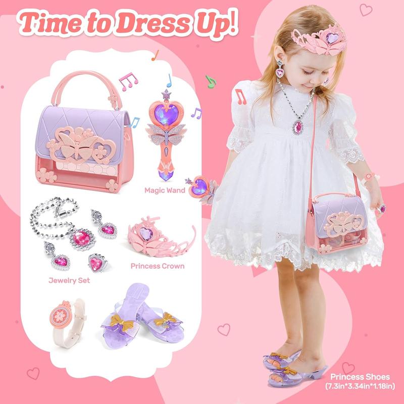 Christmas Gift Little Girls Play Purse, Toddler Purse with Handbag, Heels, Christmas Gift Pretend Makeup Kit, Toy Phone, Light-Up Magic Wand, My First Purse Set with Princess Jewelry