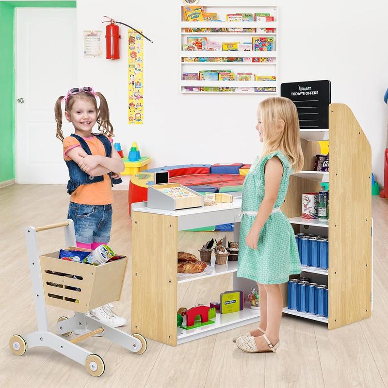 [ShopTab] Festival Joy Kids Grocery Store Playset, Wooden Supermarket Playset w Cash Register & Vending Machine Toy, Checkout Counter Stand, Grocery Store Pretend Play