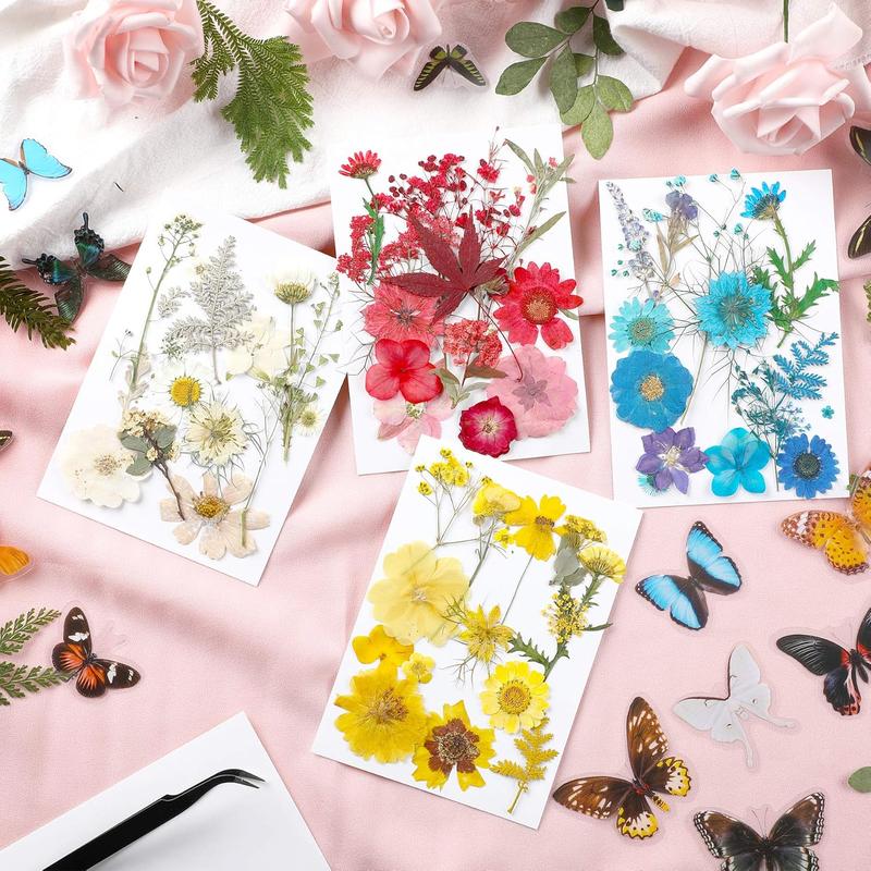 Real Dried Pressed Flower Set with Butterfly Transparent Stickers Scrapbook Decals Natural Dried Flowers Leaves with Tweezers for Resin Supplies DIY Candle Jewellery Making