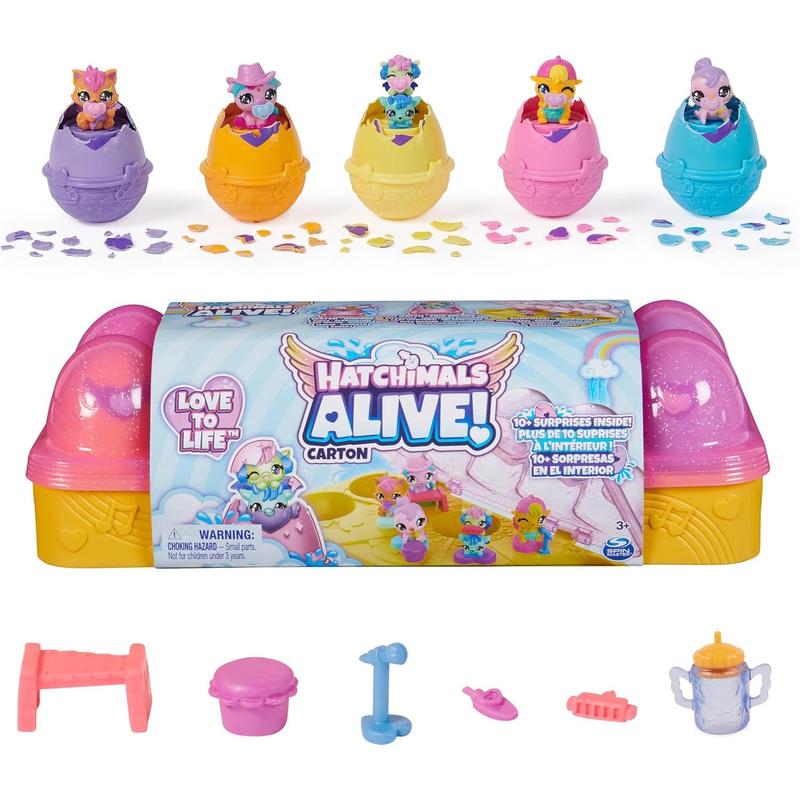 Hatchimals Alive, Pink & Yellow Egg Carton Toy with 6 Mini Figures in Self-Hatching Eggs, 11 Accessories, for Girls & Boys Ages 3+