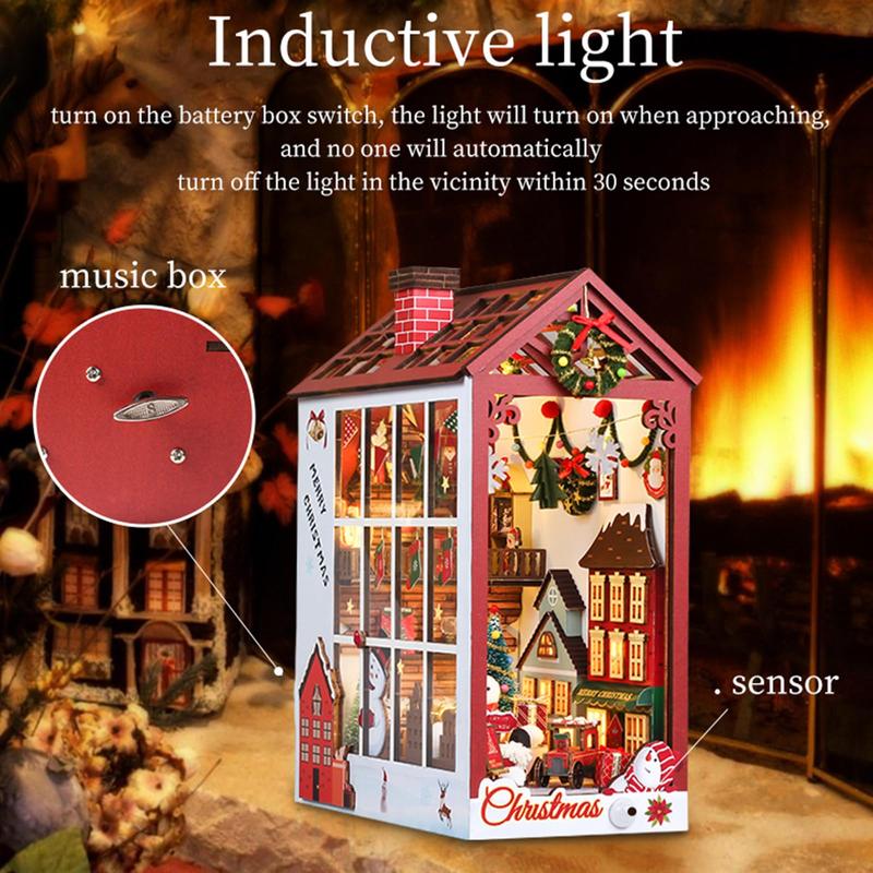 3D Wood Craft Kit, 1 Count Miniature Scene DIY Miniature House Kit, DIY Christmas Corner Decoration, Book End Decoration, Stereo Model Gift for Adults & Teens, Stocking Filler