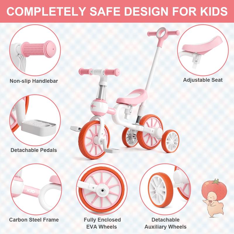 XJD 7-in-1 Toddler Bike with Push Handle for 1 Year to 4 Years Old Kids, Toddler Tricycle Kids Trikes Tricycle, Gift & Toys for Boy & Girl, Balance Training, Removable Pedals