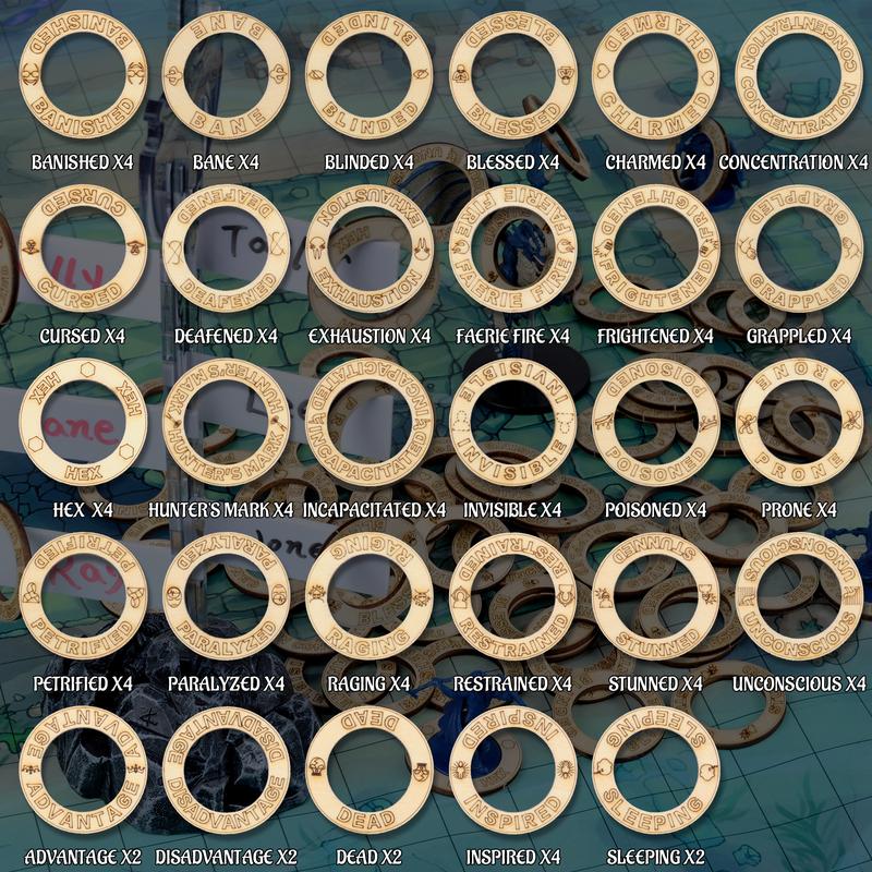 Condition Rings 106 PCS Wooden Status Effect Markers in 29 Conditions Great DM Tool for D&D, Dungeons & Dragons, Pathfinder and RPG Miniatures