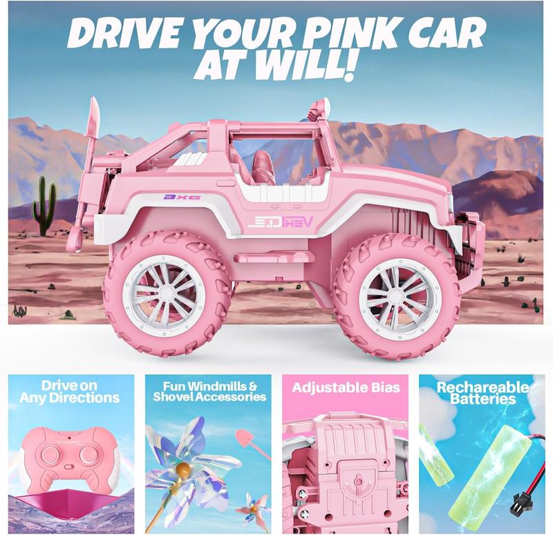 BEZGAR Remote Control Car for Girls, 1:16 Pink RC Cars with 4 Windmills, 2.4GHz with LED Lights, 80 Mins Play with Rechargeable Battery, Truck Jeep Toys, Christmas Gift for Children 4+ cars kids