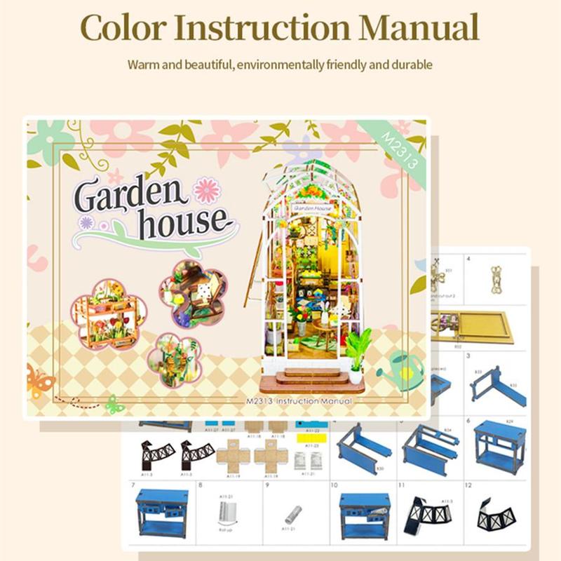 Garden House Design DIY Wooden Book Stand, 1 Box DIY Wooden Material Model, Micro Scale Scene 3D Building Hand Creative with Light, Festival Gift, Best Gift Toy