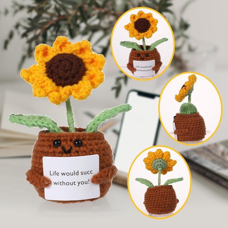 Positive Sunflower Crochet, Mini Handmade Emotional Support Knitted Toy with Encourage Card, Sunflower Plant Pot Decorations for Gift