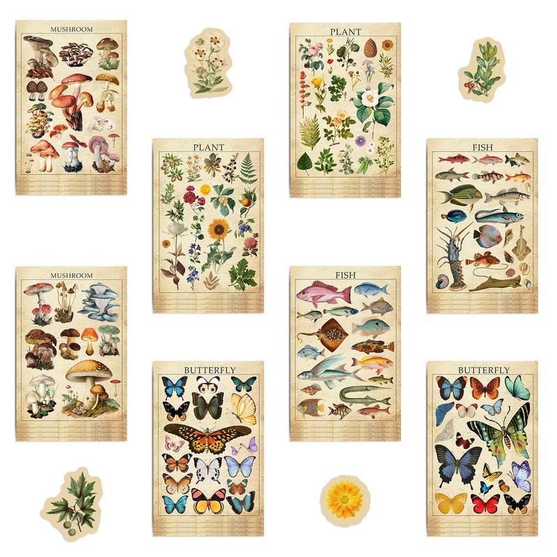 Vintage Plant & Animal Pattern Sticker, 8 Sheets set Creative Decorative Sticker, DIY Decals for Scrapbooking, Journaling, Gift Wrapping