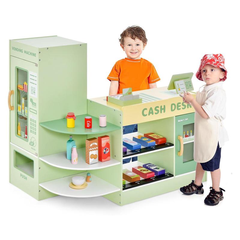 [ShopTab] Festival Joy Kids Grocery Store Playset, Wooden Supermarket Playset w Cash Register & Vending Machine Toy, Checkout Counter Stand, Grocery Store Pretend Play