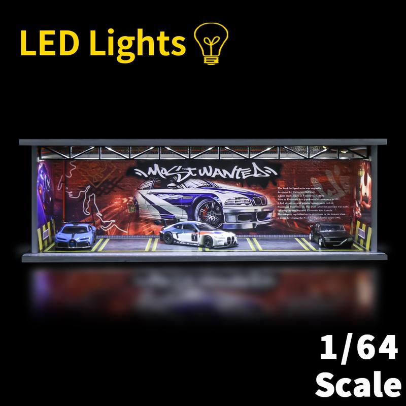 1 64 scale die-cast model car scenarios display case with LED light and Acrylic Cover, Scenes Parking lot diorama storage garage box with 6 Parking Spaces