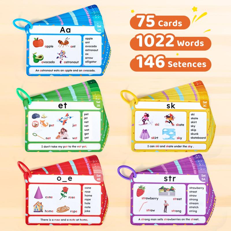 JoyCat 75 Pack Phonics Flash Cards, Learn to Read Alphabet and CVC Words in 25 Stages, Phonics Games Preschool Educational Learning Activities