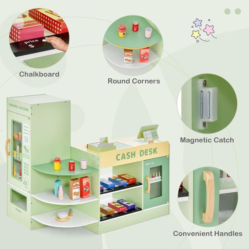 [ShopTab] Festival Joy Kids Grocery Store Playset, Wooden Supermarket Playset w Cash Register & Vending Machine Toy, Checkout Counter Stand, Grocery Store Pretend Play