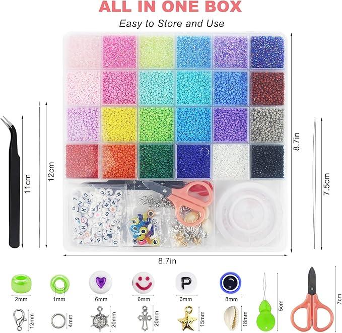 17000pcs 2mm Glass Seed Beads for Jewelry Making Kit, Small Beads Friendship Bracelets Making Kits, Tiny Waist Beads Kit with Letter Beads, DIY Art Craft Girls