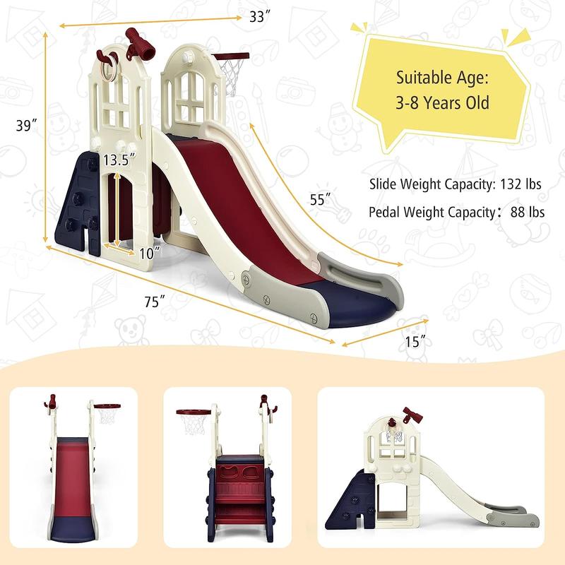 Costzon Large Slide for Kids, Slide Play Climber Set with Long Slipping Slope, Basketball Hoop and Ball, for Indoor Outdoor Backyard