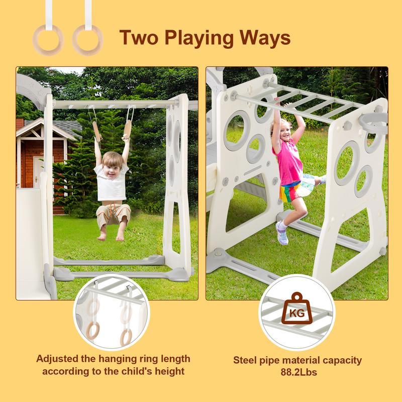 JOYLDIAS 6 in 1 Toddler Slide, Freestanding Slide for Kids w Basketball Hoop, Climbing Ladder, Horizontal bar, Hanging Rings and Telescope, Indoor Outdoor Backyard Playground Toy for Toddlers Age 3+