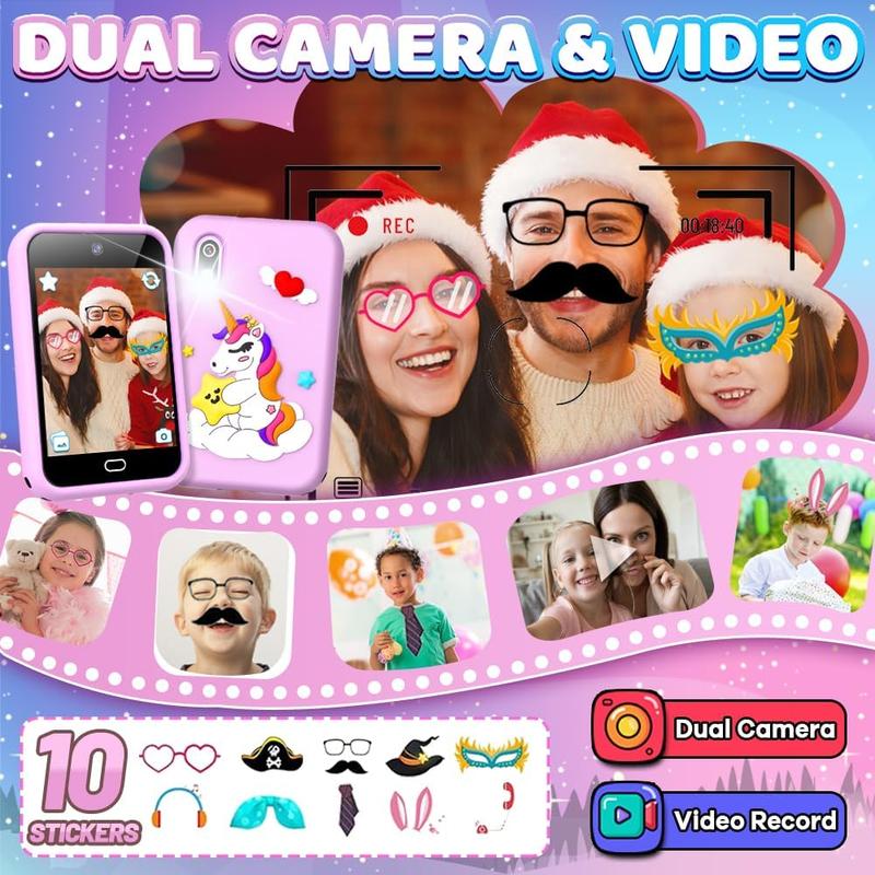 Unicorn Smart Phone Toy for Boys and Girls Age 3-8 with Dual Camera, 28 Puzzle Games, 8G TF Card, Music and Video Play, and Audible Story