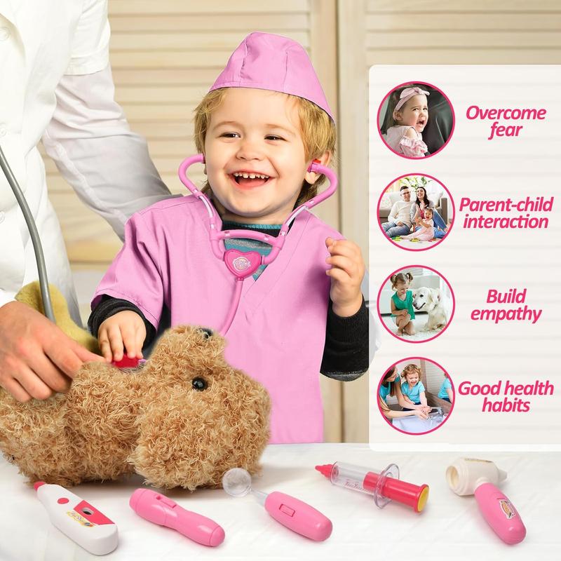 Liberry Doctor Kit for Toddlers 3 4 5 6 Years Old, 26 Pcs Kids Doctor Playset with Dog Toy, Stethoscope and Dress Up Costume, Pretend Play Medical Gift for Girls (Pink)