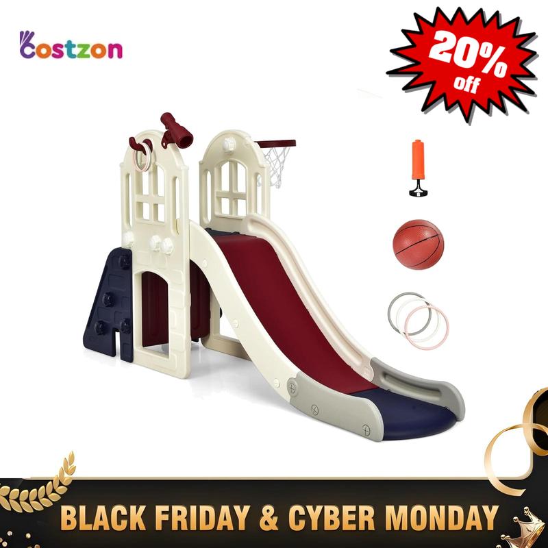 Costzon Large Slide for Kids, Slide Play Climber Set with Long Slipping Slope, Basketball Hoop and Ball, for Indoor Outdoor Backyard