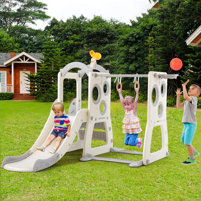 JOYLDIAS 6 in 1 Toddler Slide, Freestanding Slide for Kids w Basketball Hoop, Climbing Ladder, Horizontal bar, Hanging Rings and Telescope, Indoor Outdoor Backyard Playground Toy for Toddlers Age 3+